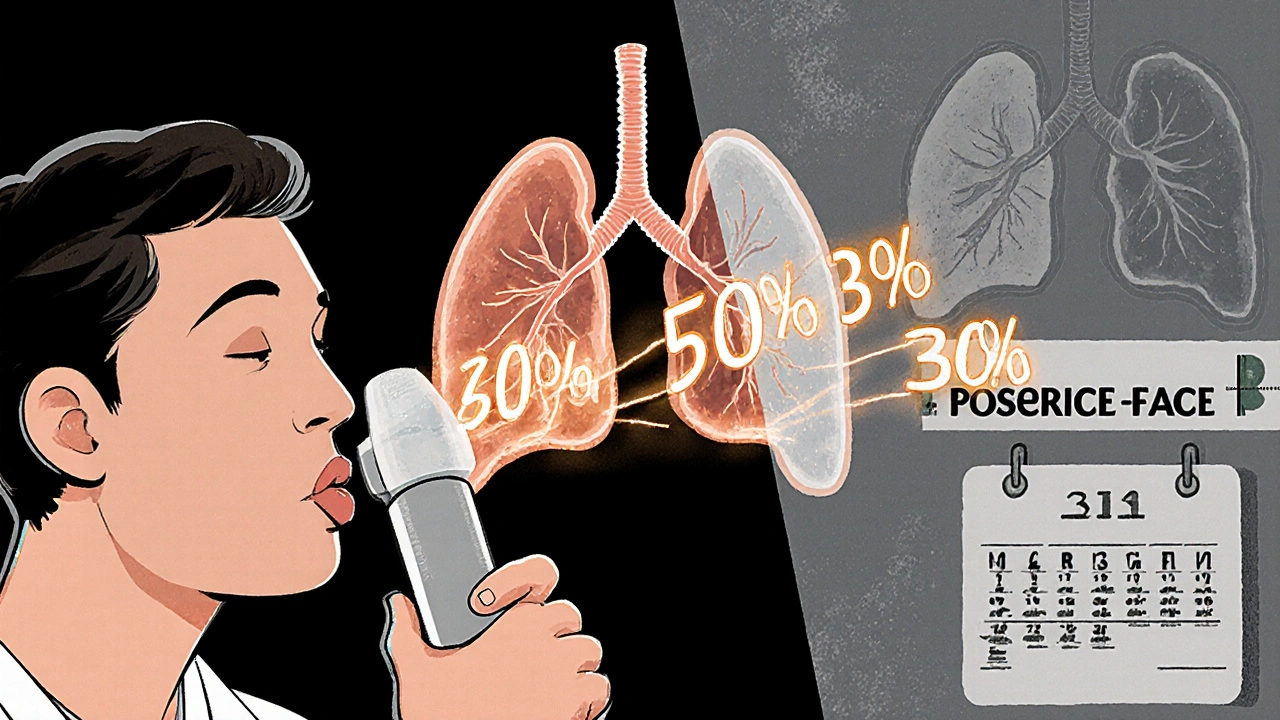 A patient uses a spirometry device as floating lung health percentages show progression from mild to severe COPD stages.