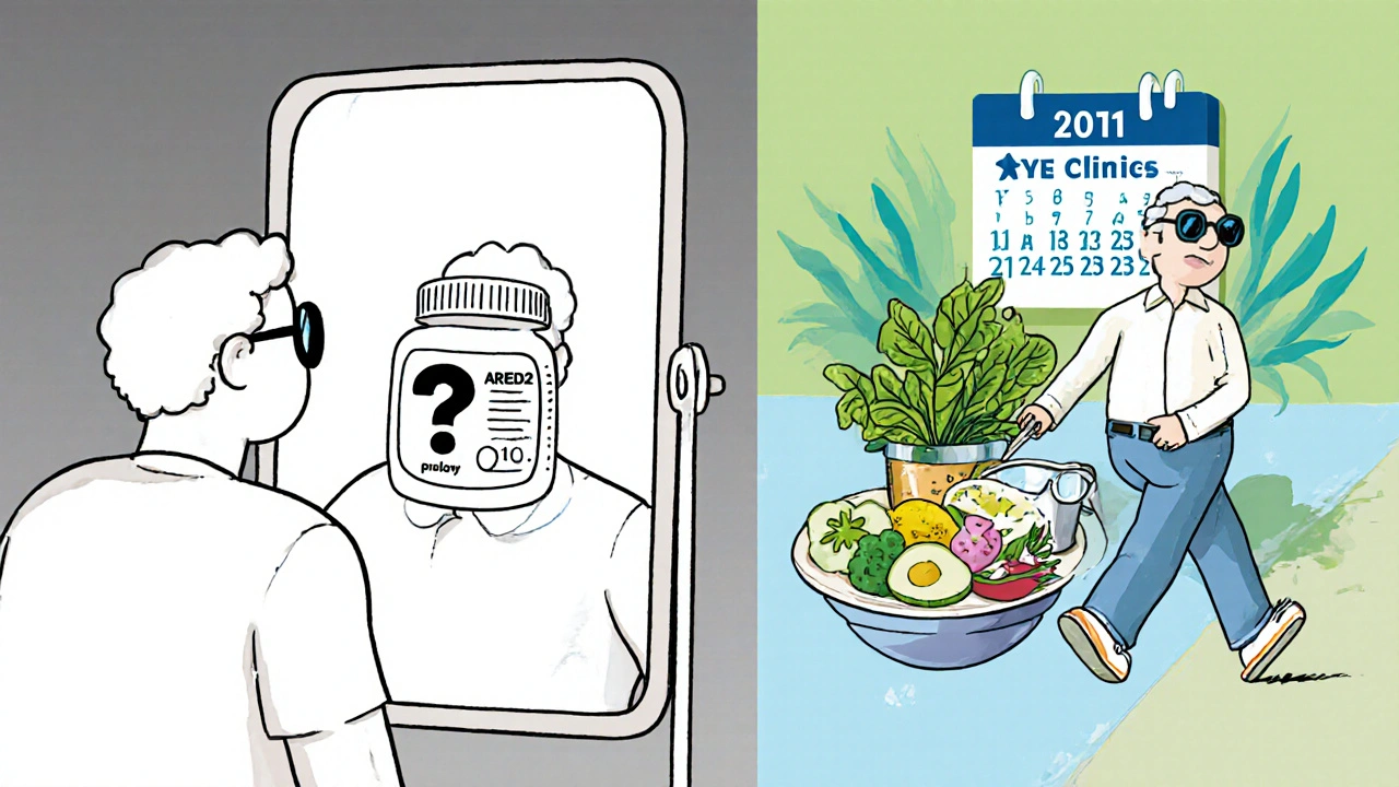 A person with early AMD sees two paths: taking pills versus eating greens and getting eye exams, illustrated with contrasting color tones.