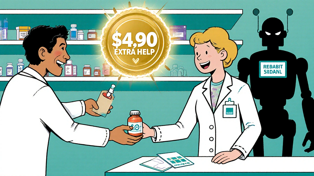 A pharmacist gives a patient a low-cost pill bottle with a glowing &#039;Extra Help&#039; badge in the background.