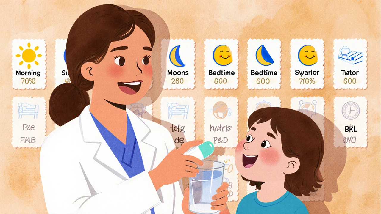 A pharmacist shows a mother a simple medication label with sun and moon icons for dosing times.