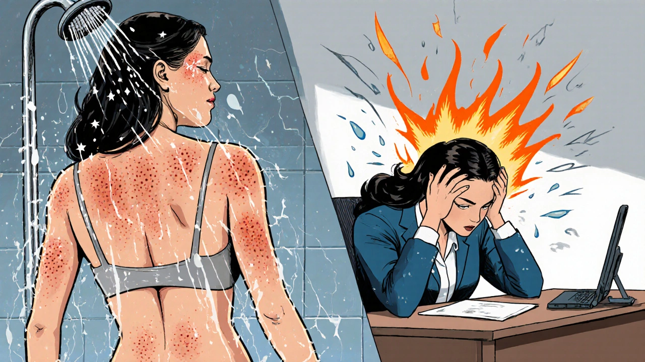 A woman develops hives after a hot shower and again while stressed at work, shown in comic-style panels.