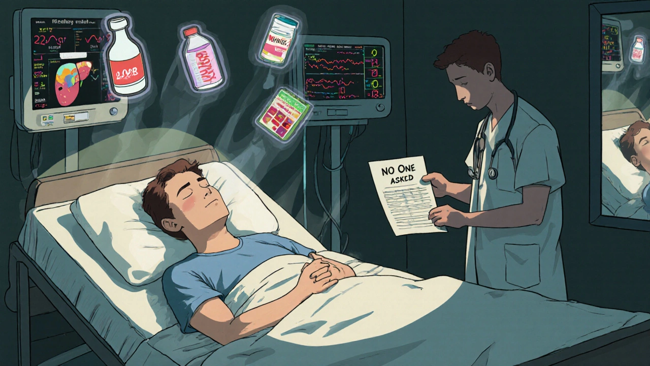 A young man collapsed in hospital, ghostly drug images above him, medical monitors showing critical warnings.