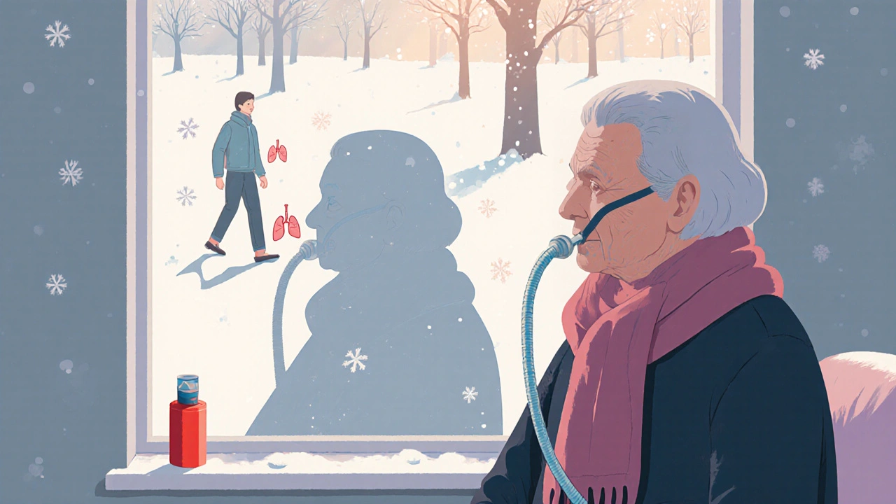 An elderly woman sits by a winter window with oxygen tubing, her younger self walking in a sunlit park as snowflakes turn into lung icons.