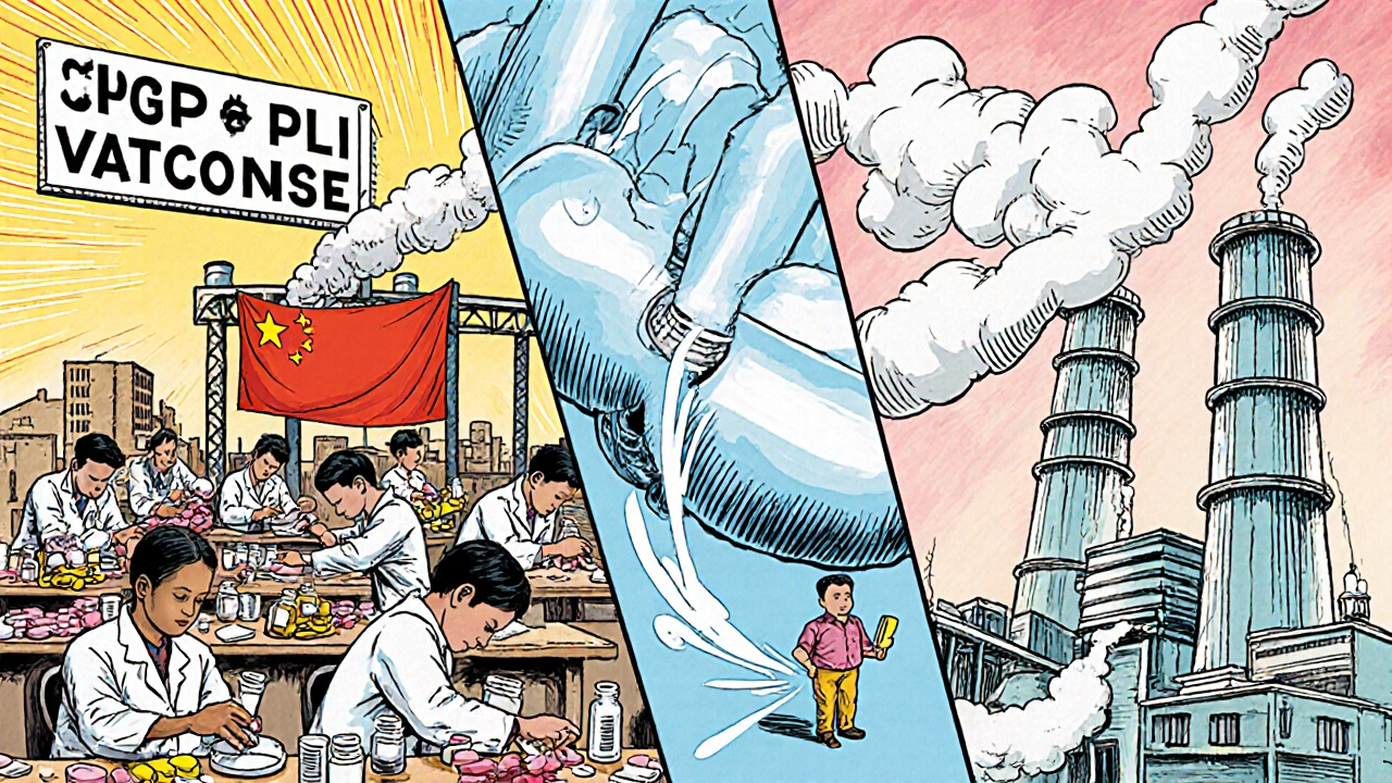 An Indian pharmaceutical factory under a PLI banner, with Chinese API tubes and a COVID storm disrupting supply, contrasted with cheap generics and expensive biologics.