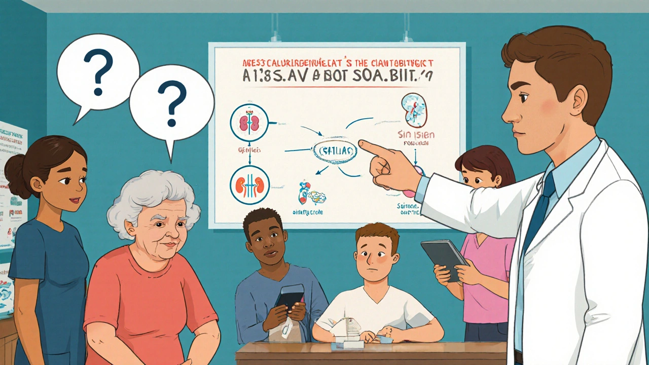 Diverse patients in doctor&#039;s office with a flowchart showing factors affecting statin side effects.