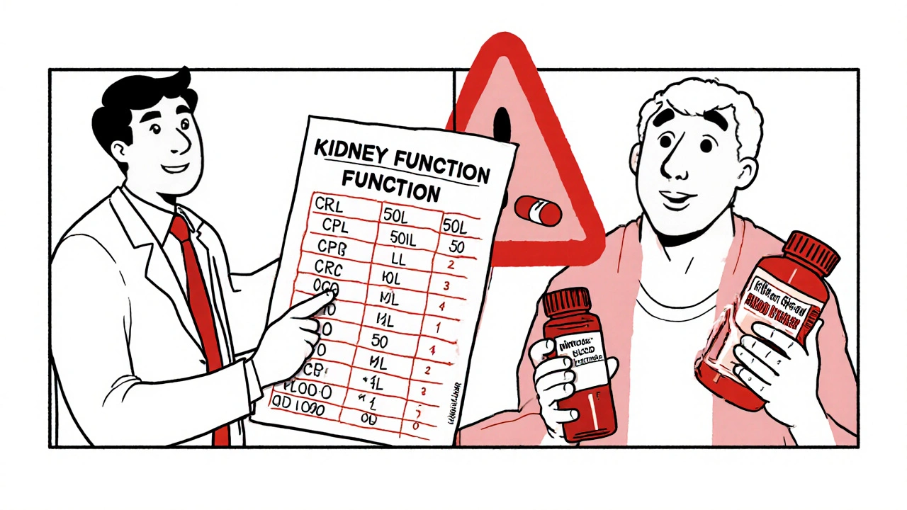 Doctor showing kidney test results next to patient holding ibuprofen, warning against NSAID use with anticoagulants.