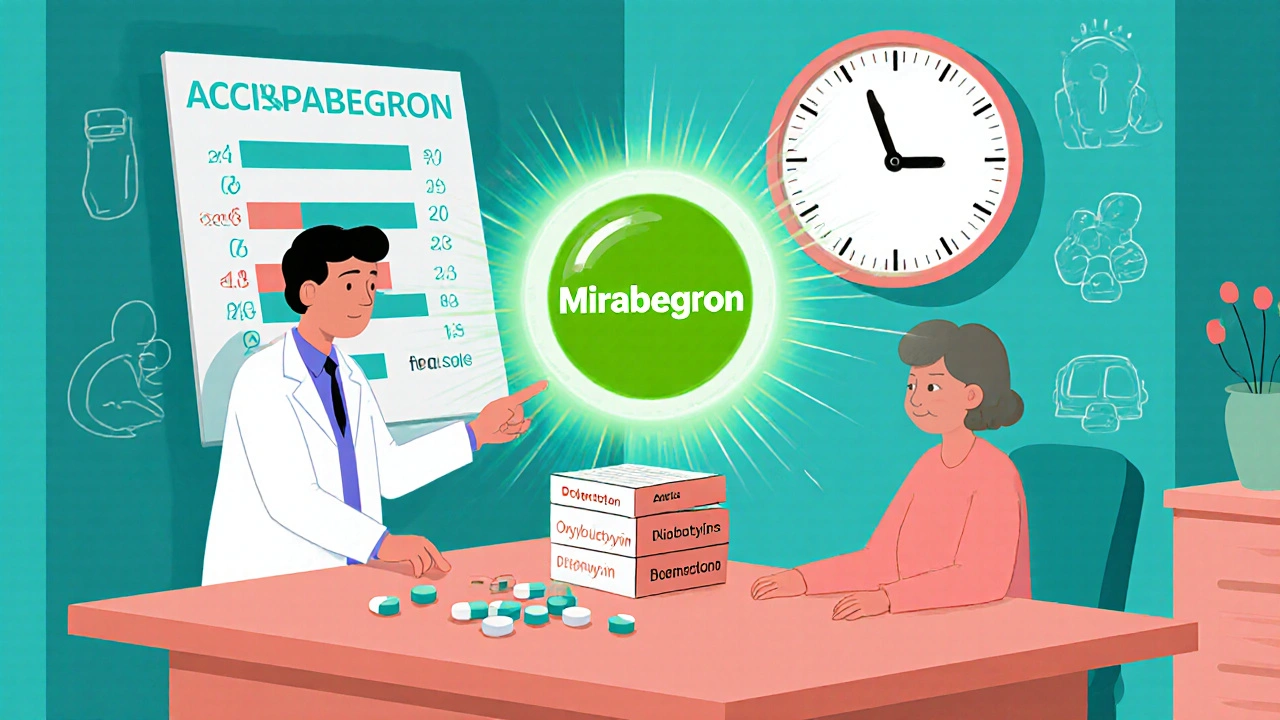 Doctor shows ACB scale to patient, green mirabegron icon rising above discarded high-risk pills in clinic setting.