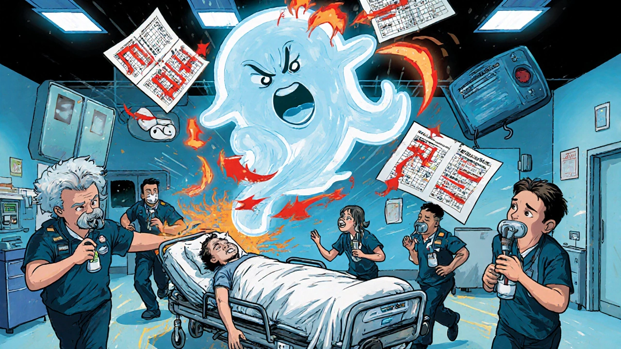 Emergency room scene with patient collapsed, paramedics rushing in, and a glowing serotonin molecule above them.