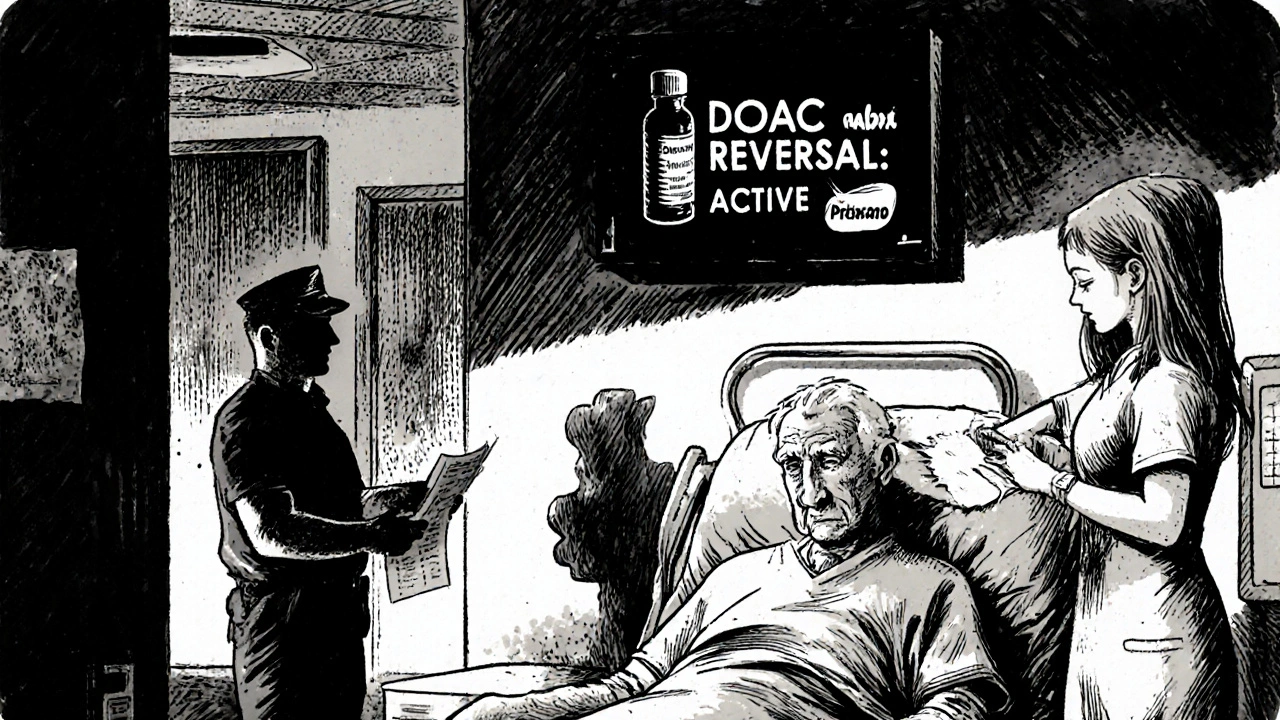 Emergency team administering antidote to patient with signs of brain bleed, monitor displaying DOAC reversal.