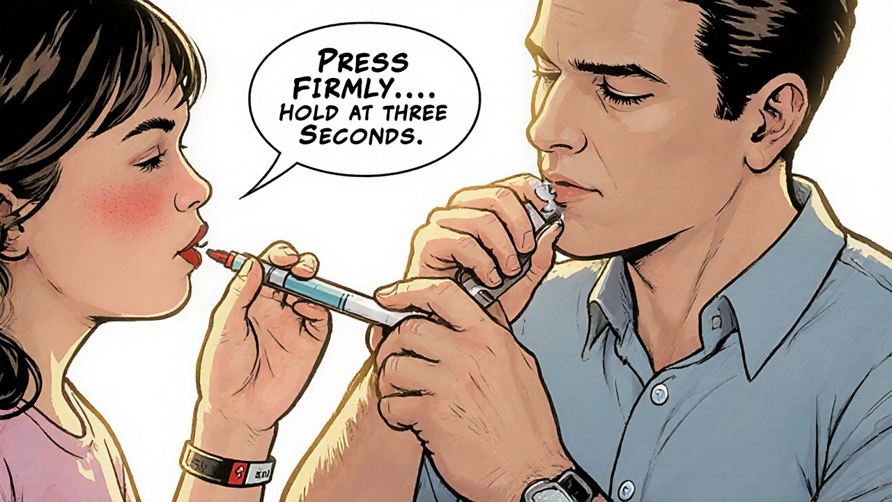 Father using voice-guided Auvi-Q auto-injector as daughter&#039;s breathing improves.