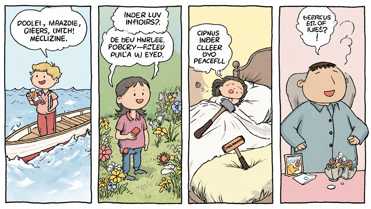 Four characters representing allergy and sleep meds, with promethazine as a giant sledgehammer-wielding figure smashing a picture frame.