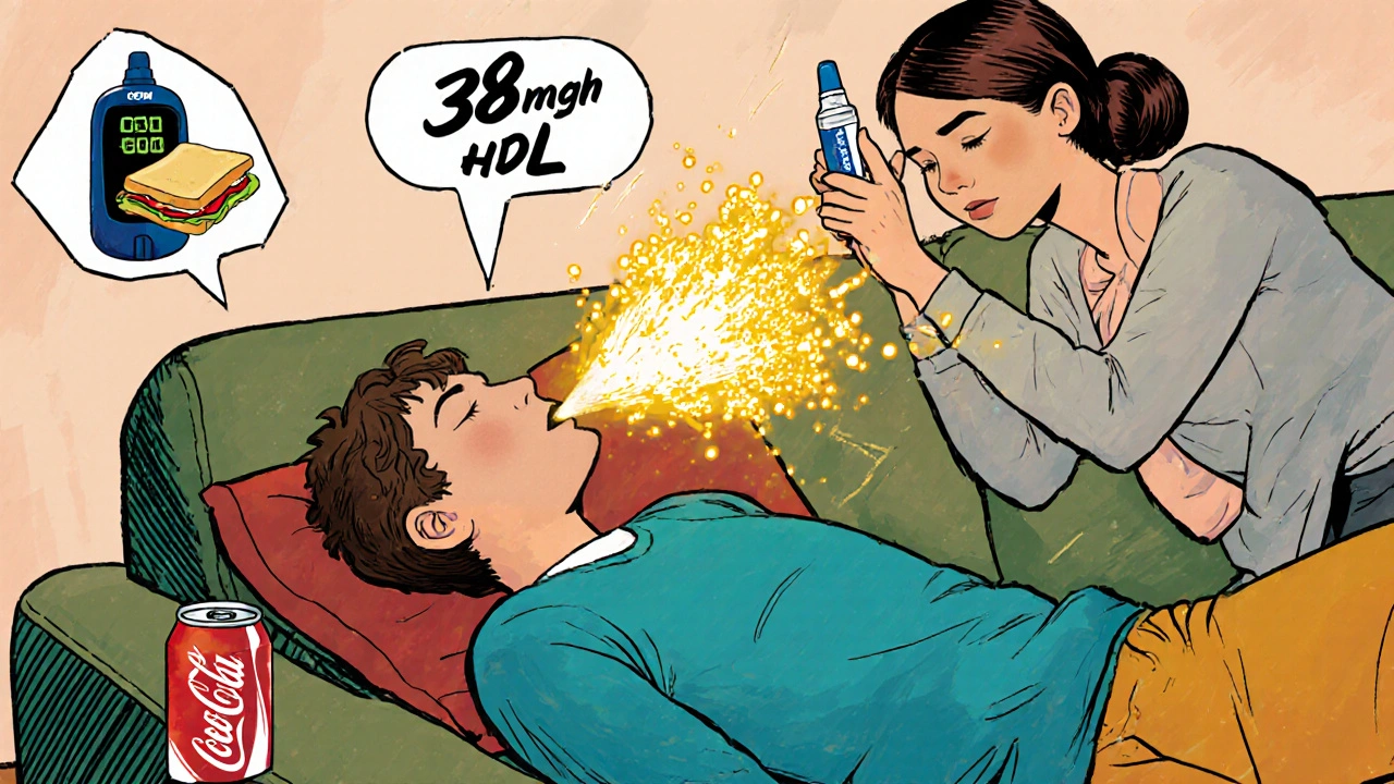 Friend giving glucagon nasal spray to someone unconscious, with glucose particles glowing in the air.