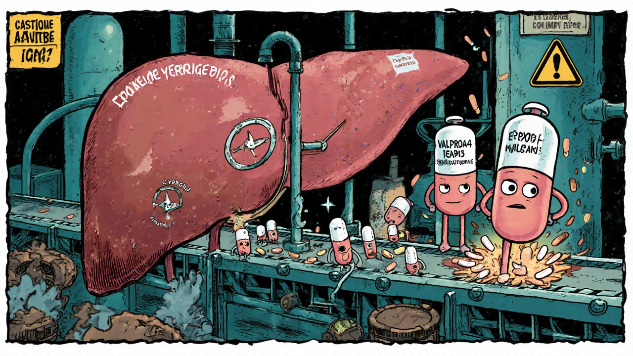 Liver factory with workers manipulating enzymes, causing lamotrigine pills to multiply and explode into a rash.