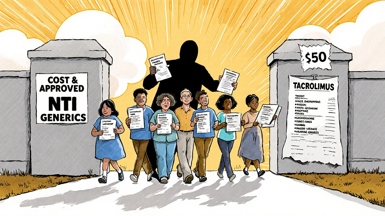Patients walking through a gateway labeled &#039;Approved NTI Generics&#039; as cost barriers fade behind them.
