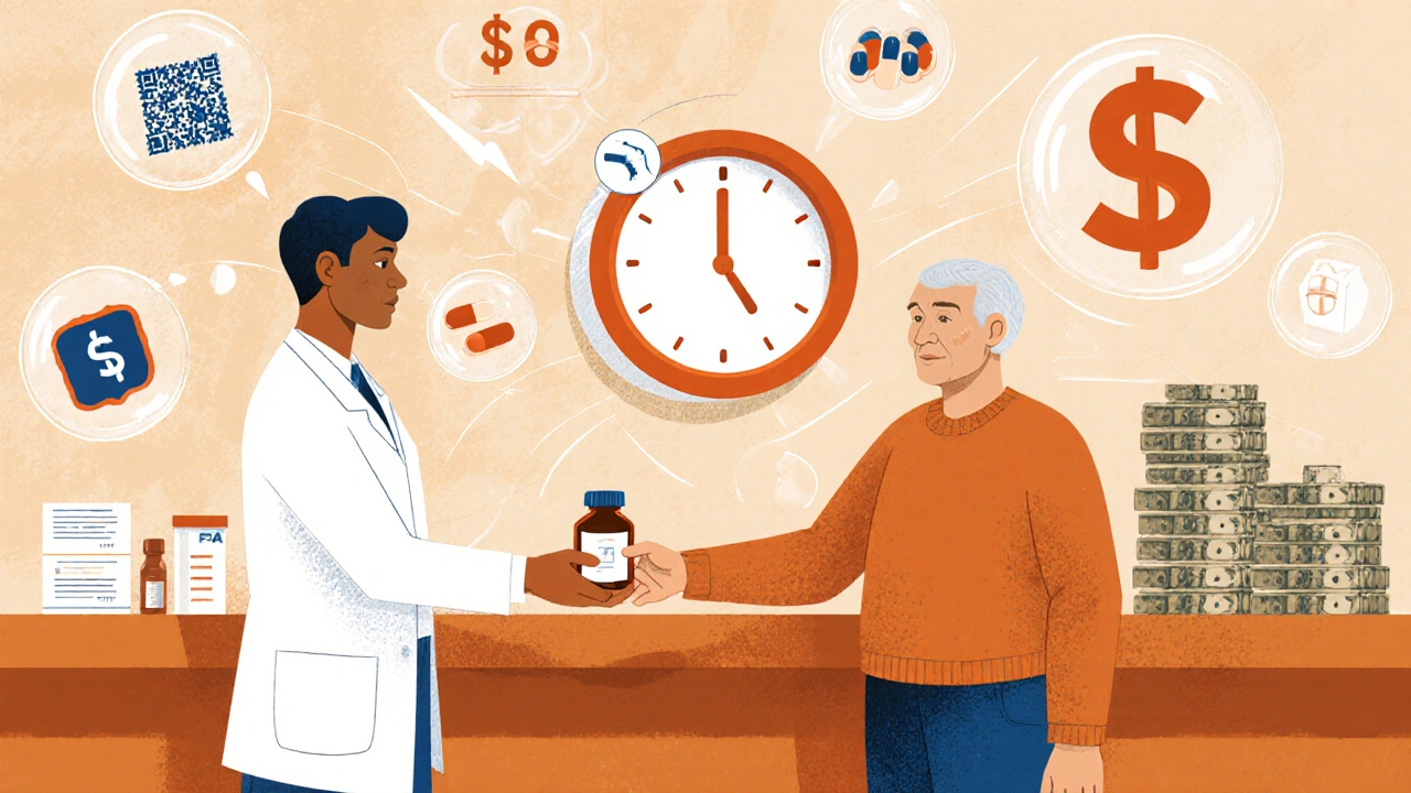 Pharmacist giving a generic pill to a patient, with FDA and exclusivity icons floating behind them.