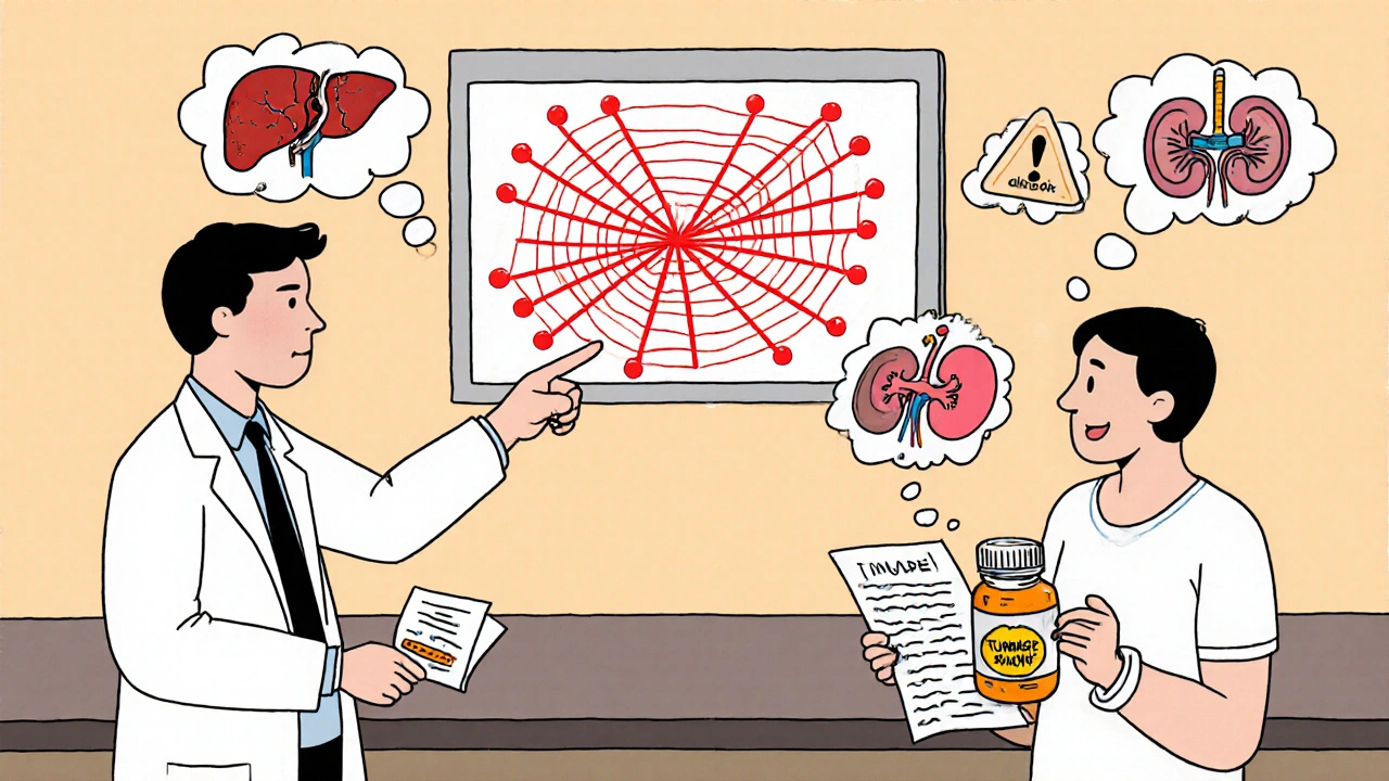 Pharmacist showing drug interaction risks on a screen while patient holds medications and supplements.