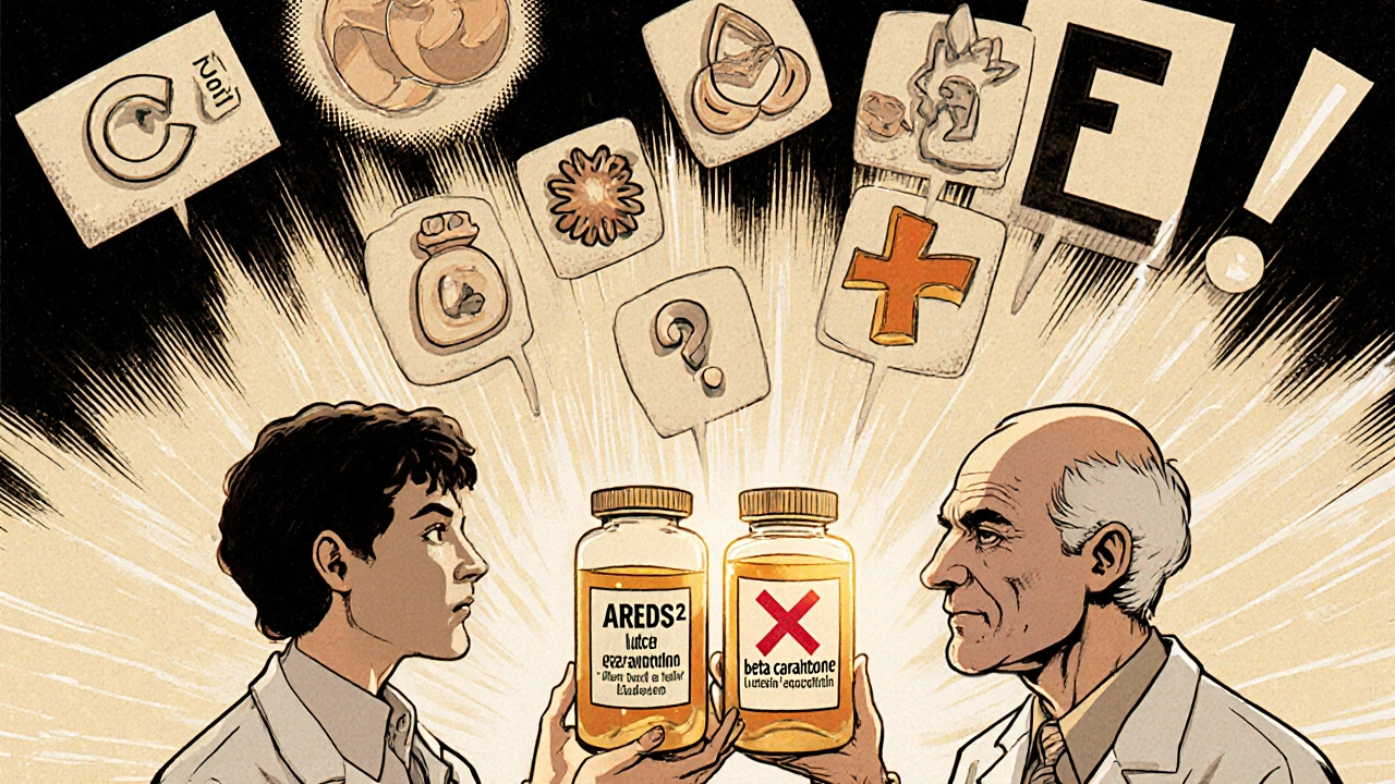 Scientists compare AREDS and AREDS2 supplement formulas with glowing icons of nutrients, set in a vintage clinical trial scene.