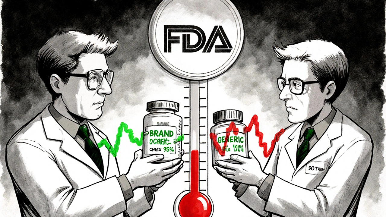 Scientists comparing pill bottles with steady vs. erratic blood concentration waves under FDA oversight.