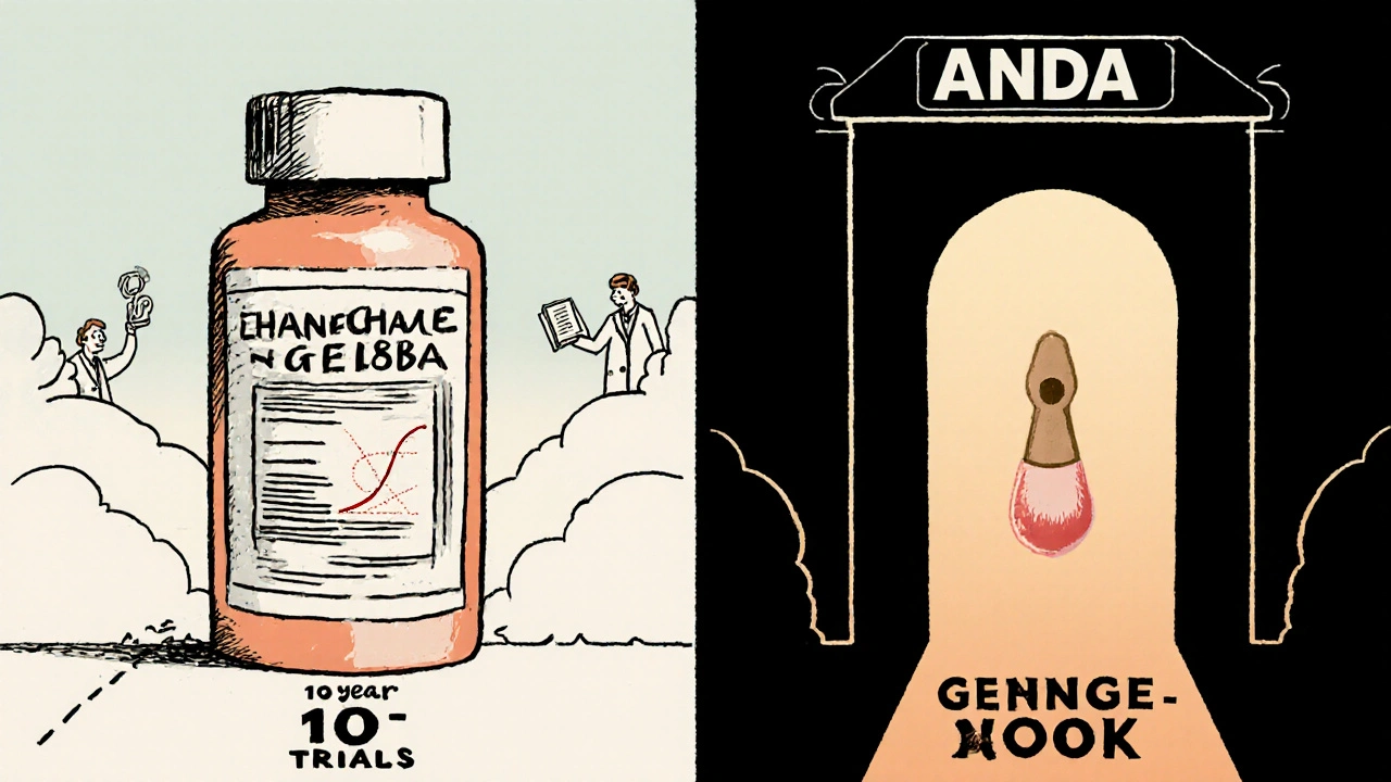 Split illustration showing blocked drug trials versus the open ANDA pathway with the Orange Book as a beacon.