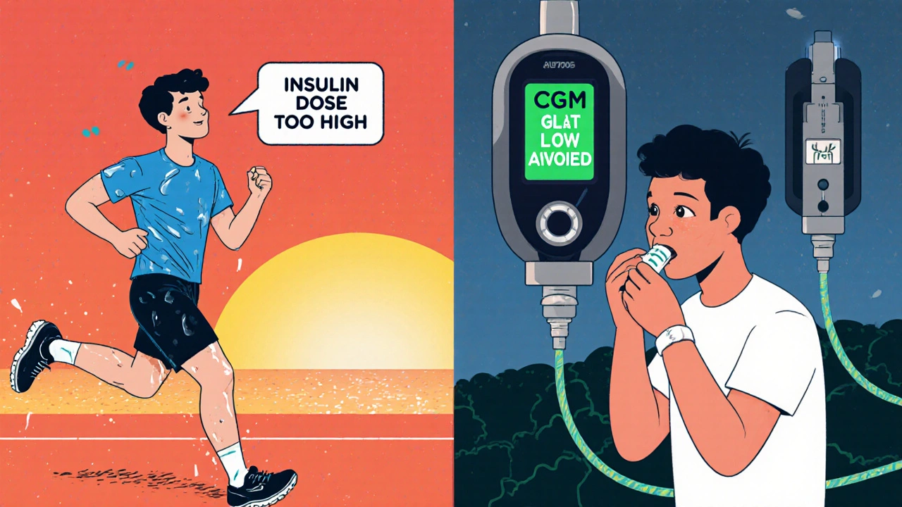 Split scene: person jogging dangerously vs. safely eating glucose tabs with a smart pump nearby.