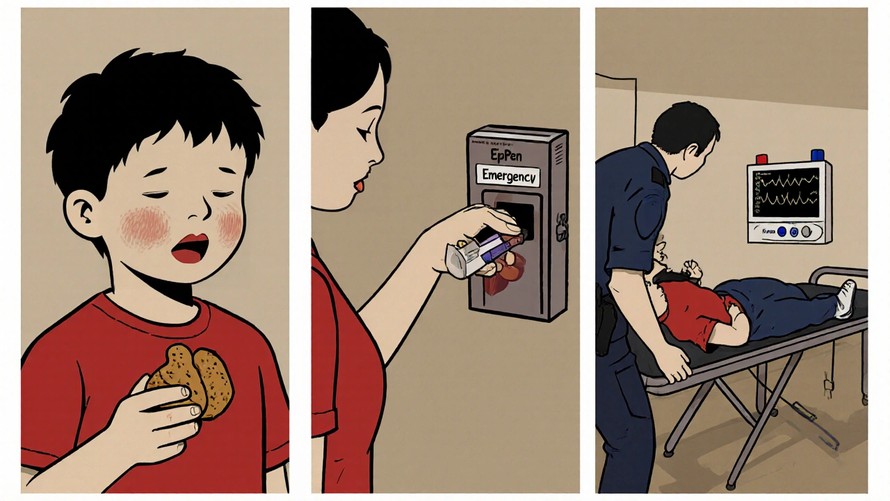 Three-panel comic showing allergic reaction, emergency response, and hospital care.