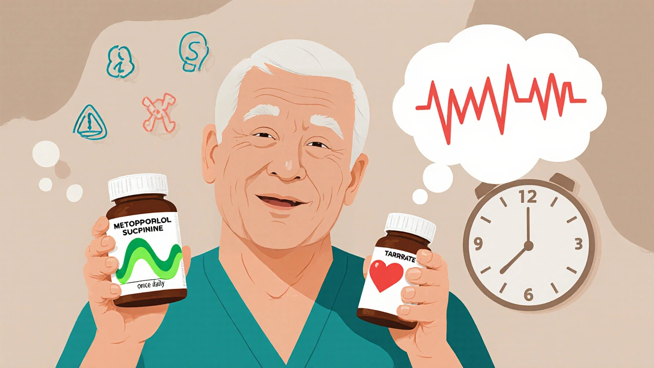Two pill bottles side by side: metoprolol succinate with smooth waves vs. tartrate with jagged spikes, symbolizing steady vs. fluctuating heart rate.