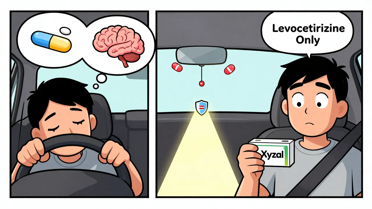 A drowsy driver next to Zyrtec vs. an alert driver with Xyzal, showing brain penetration differences.