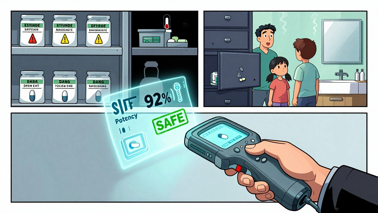 A handheld device scans a pill, displaying a hologram showing 92% potency and a safety confirmation.
