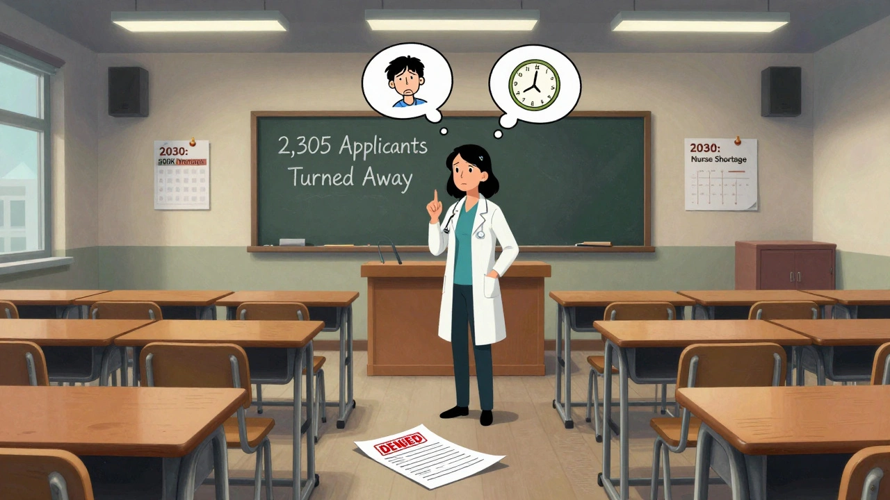 A lone nursing professor in an empty classroom with rejected applicant forms on the floor.