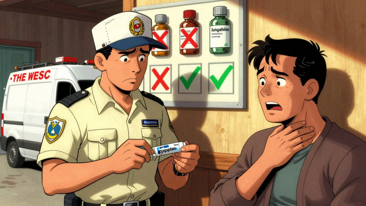 A paramedic prepares to use an expired EpiPen while a patient shows signs of allergic distress.