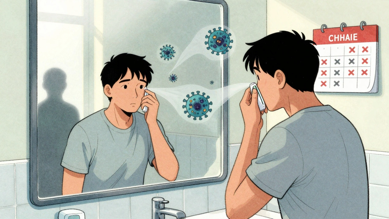A patient checking their temperature in the mirror, with ghostly germs and a calendar marked with missed blood tests.