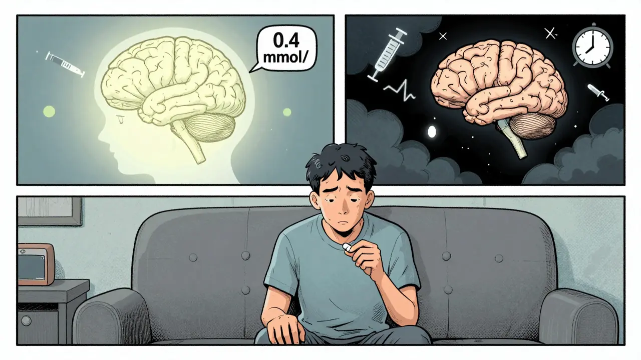 A patient takes an expired lithium pill while ghostly brain images show a dangerous drop in blood levels, surrounded by medical icons.