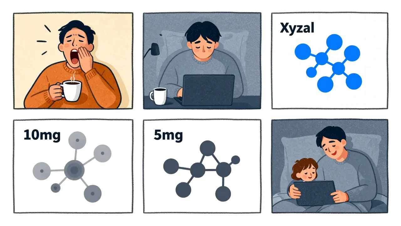 A person's day illustrated in three panels, comparing drowsiness from Zyrtec to alertness with Xyzal.