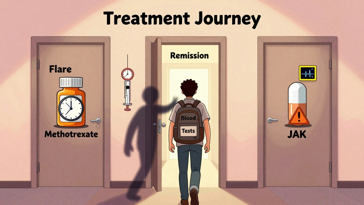 A person walking down a treatment journey hallway with three doors representing different medication types.