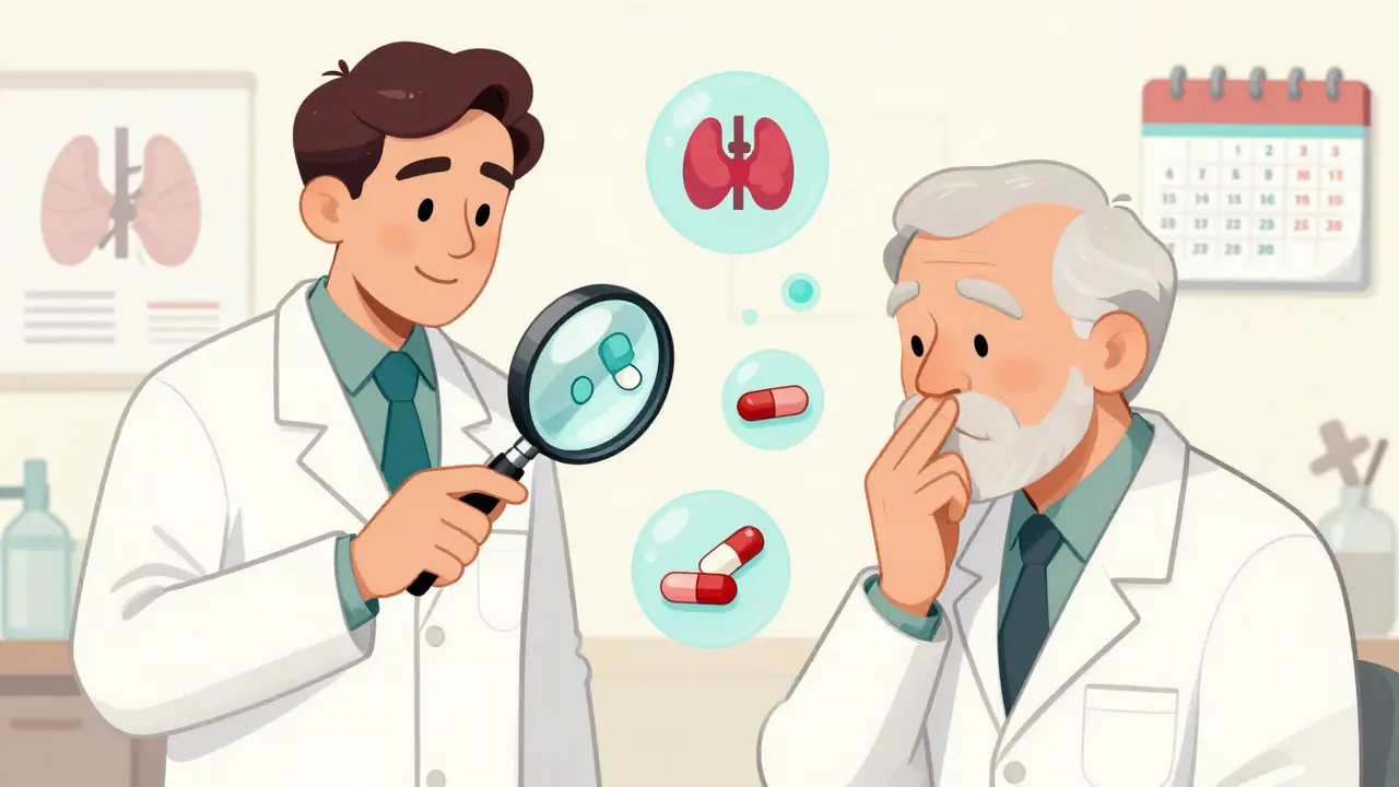 A pharmacist explaining pills to an older man using a magnifying glass, with medical icons floating nearby.