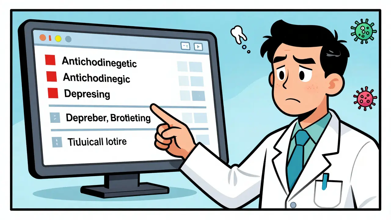 A pharmacist explains deprescribing risks on an EHR screen while a doctor looks on, with icons of falls and infections nearby.