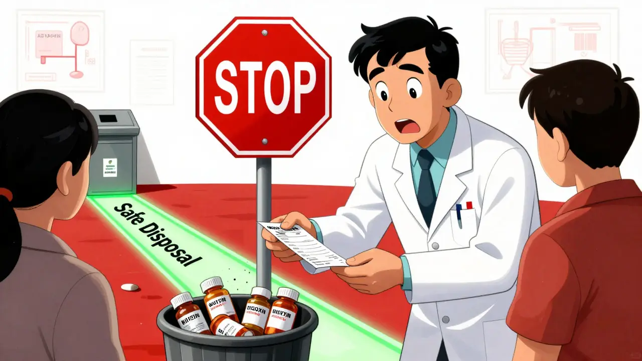 A pharmacist gives a new prescription as expired NTI drug bottles are thrown away, with a giant pill-shaped stop sign blocking a dangerous path.