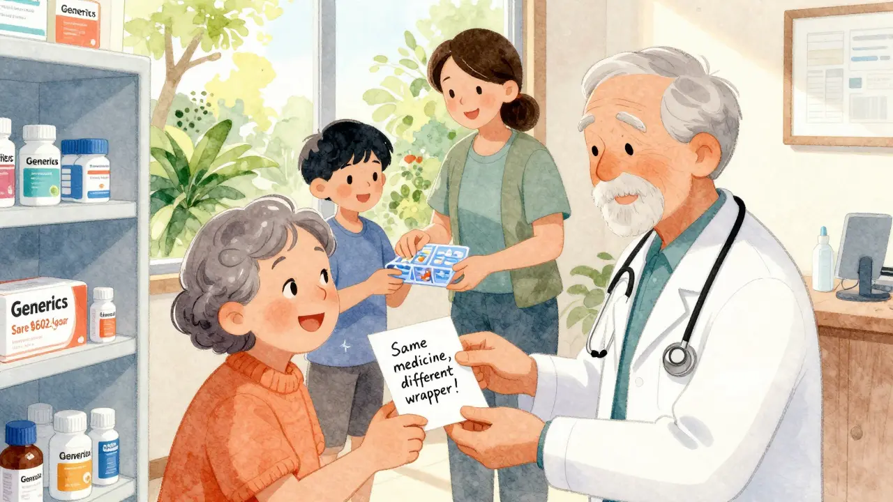 A senior smiling as they receive a note from their doctor, with a family member helping refill a pill organizer.