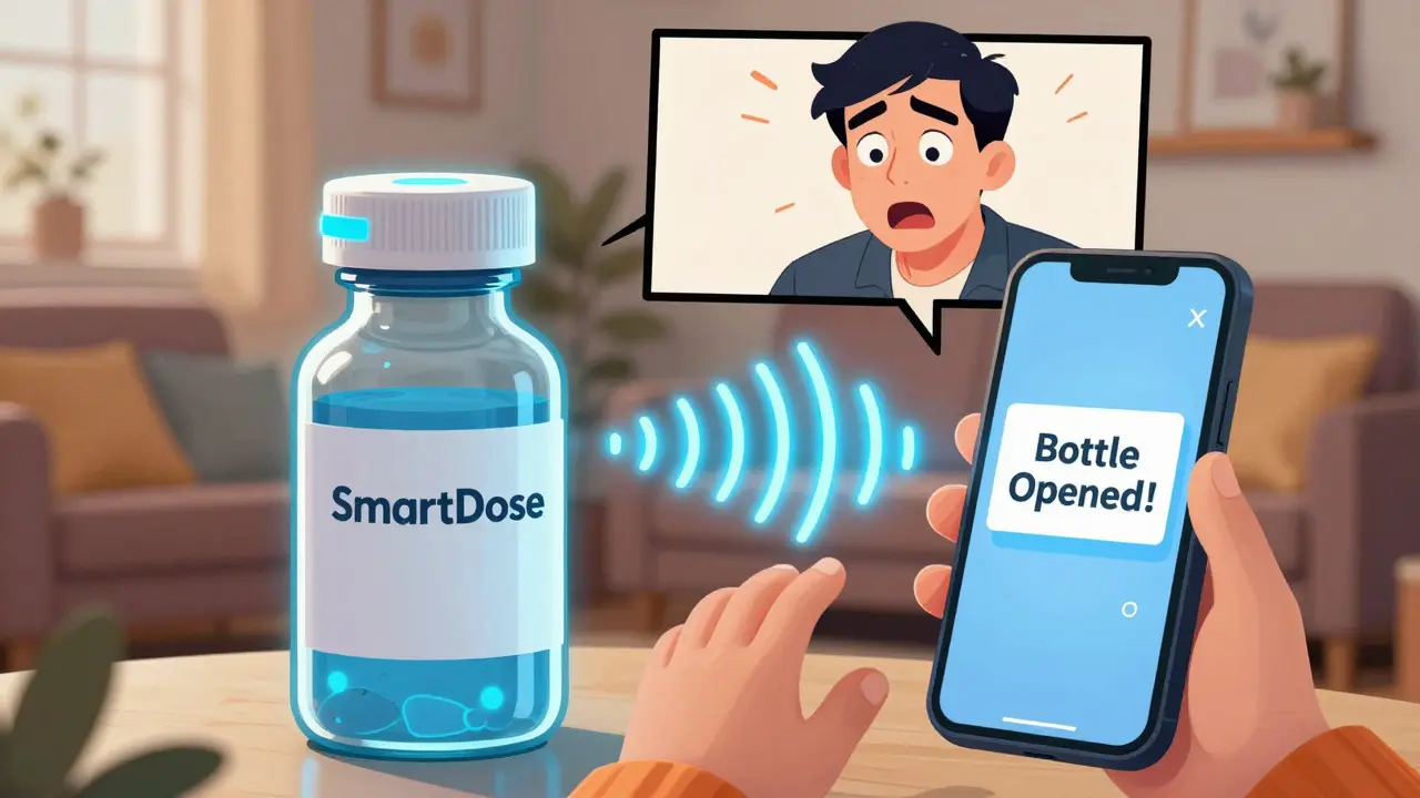 A smart medicine cap sends a phone alert as a child reaches for it, tech glow in a living room.