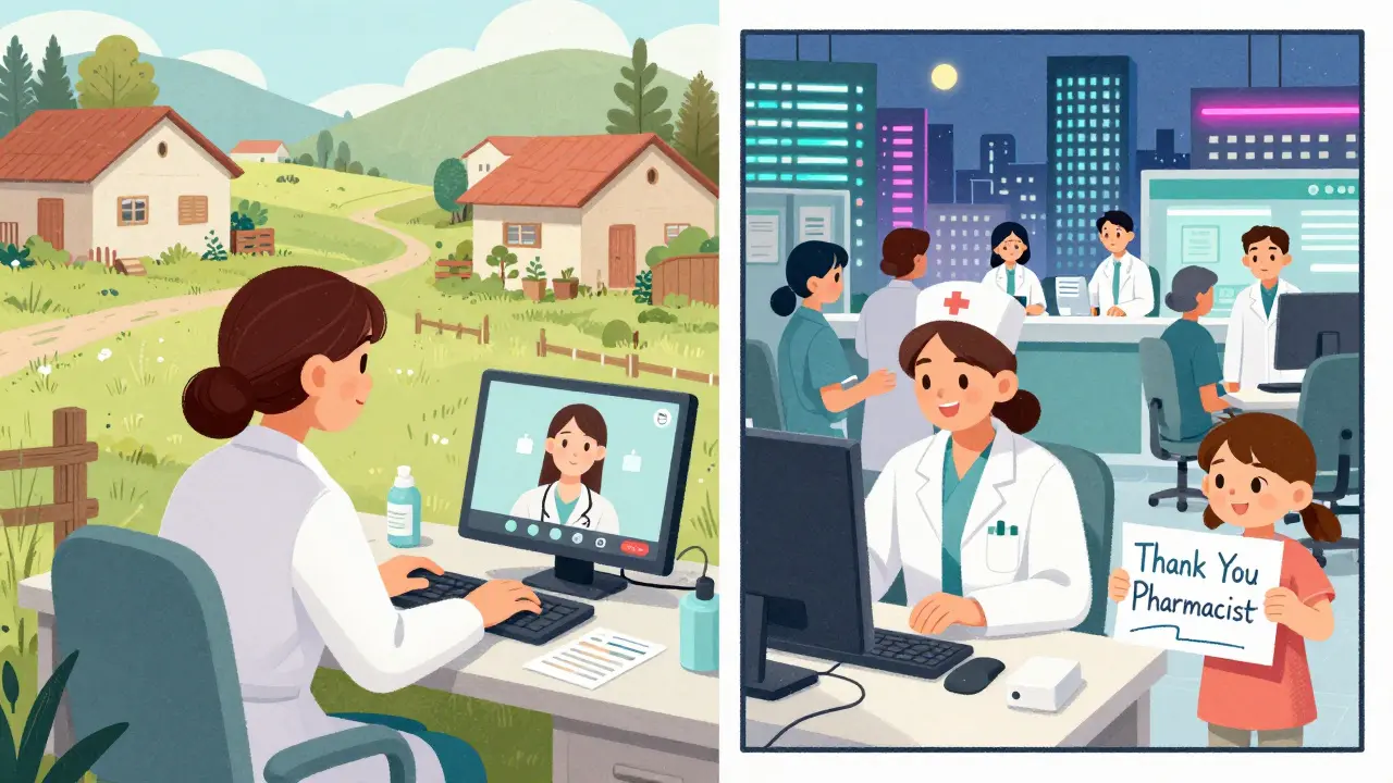 A telepharmacy session connects a rural clinic with an urban pharmacy team, highlighting access to medication safety in underserved areas.