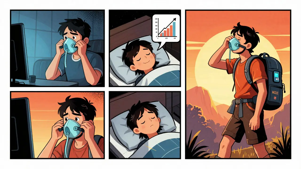 A three-panel comic showing a person’s journey from skepticism to energized sleep with CPAP therapy, ending with them hiking happily.