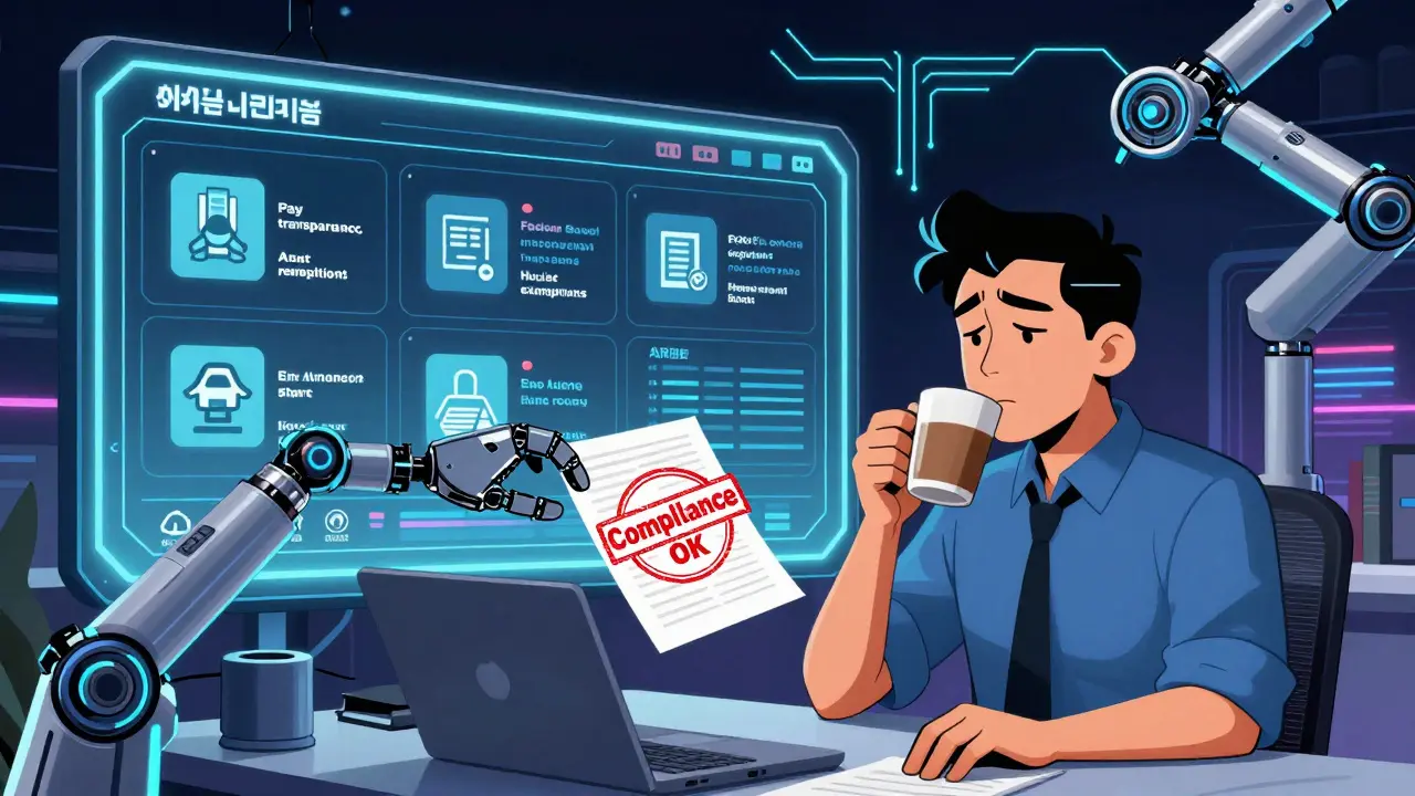 AI compliance dashboard scanning laws while business owner receives approval stamp, neon circuits and retro-futuristic tech in background.