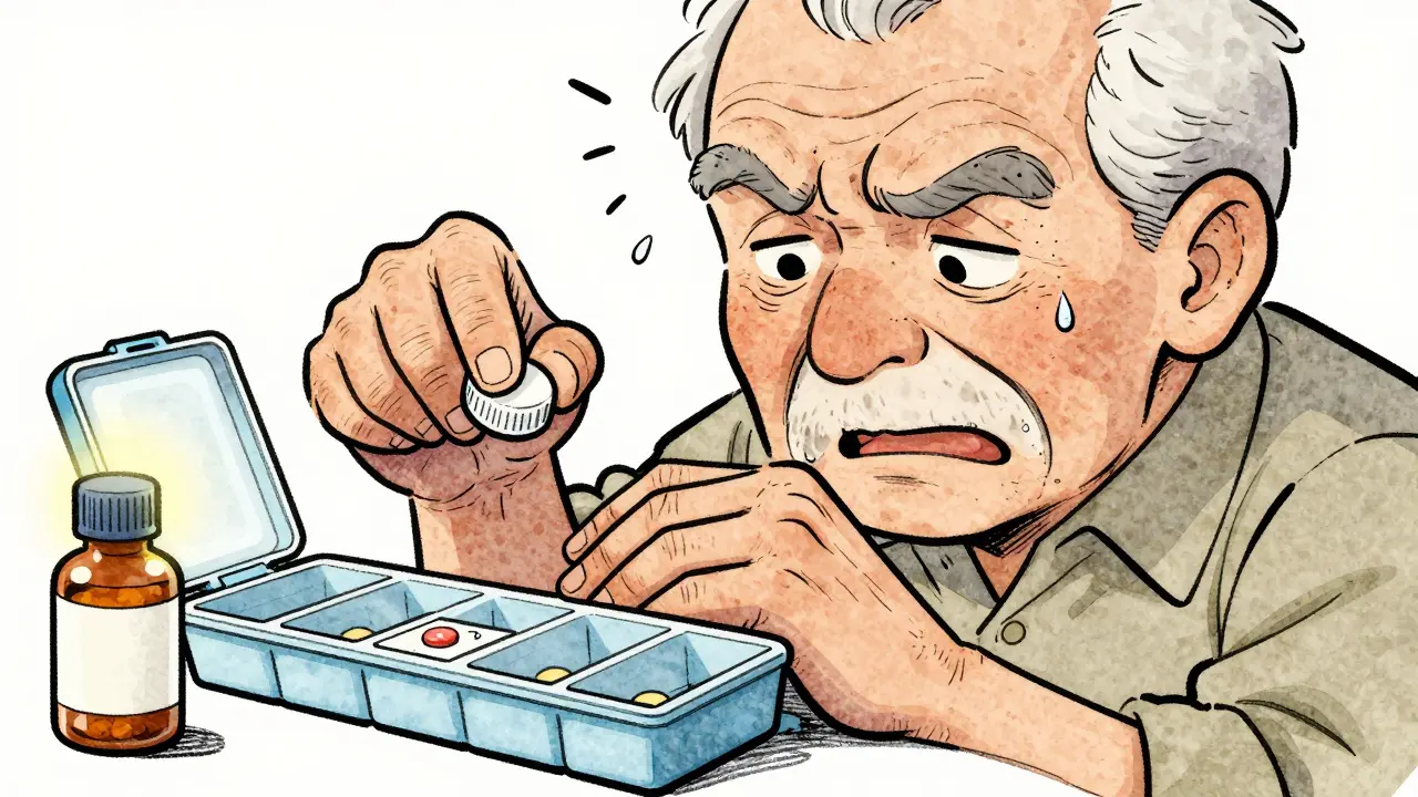 An elderly person struggles to open a safety cap, with an easier alternative bottle nearby.