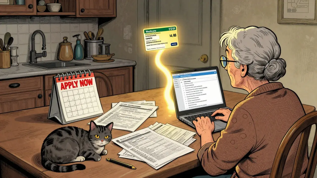 An elderly woman applying for Medicare Extra Help at her kitchen table, with documents and a laptop showing the application website.