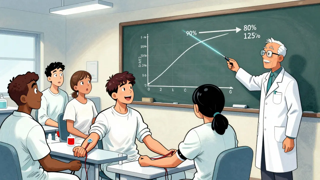 Clinical study scene with volunteers having blood drawn, scientist pointing at a log-transformed graph with 90% confidence interval between 80% and 125%.