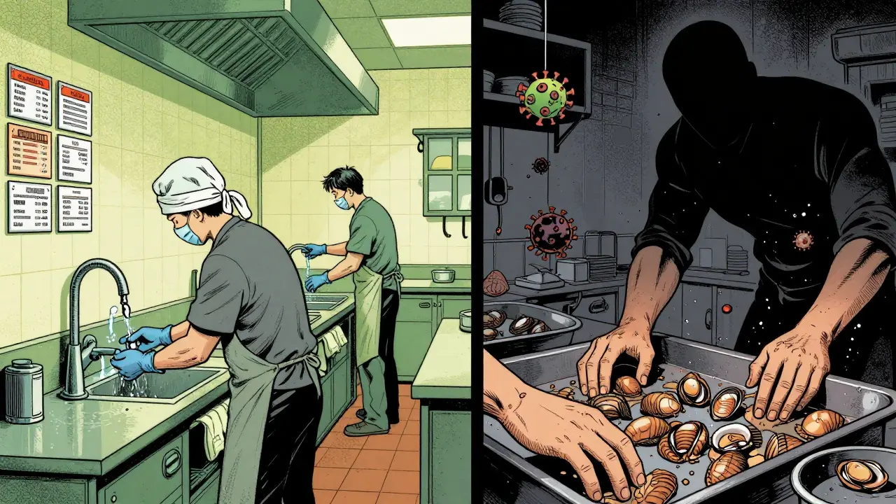 Contrasting clean and dirty kitchens: vaccinated staff with gloves vs. bare-handed contamination.