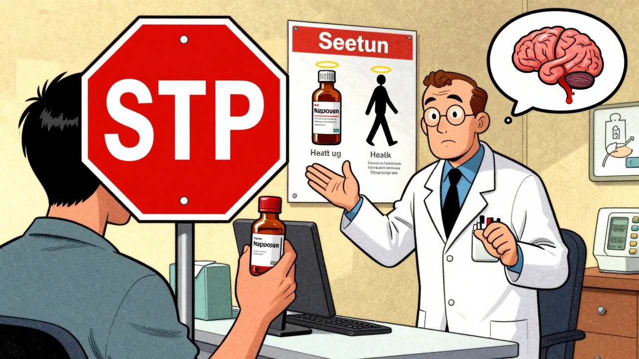 Doctor and patient discussing pain relief, with naproxen blocked by a stop sign and safer options shown.