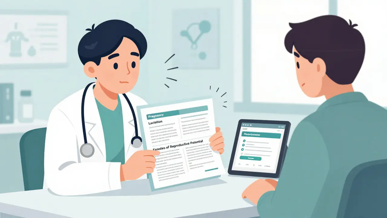 Doctor and patient reviewing a pregnancy drug label with clear narrative sections.