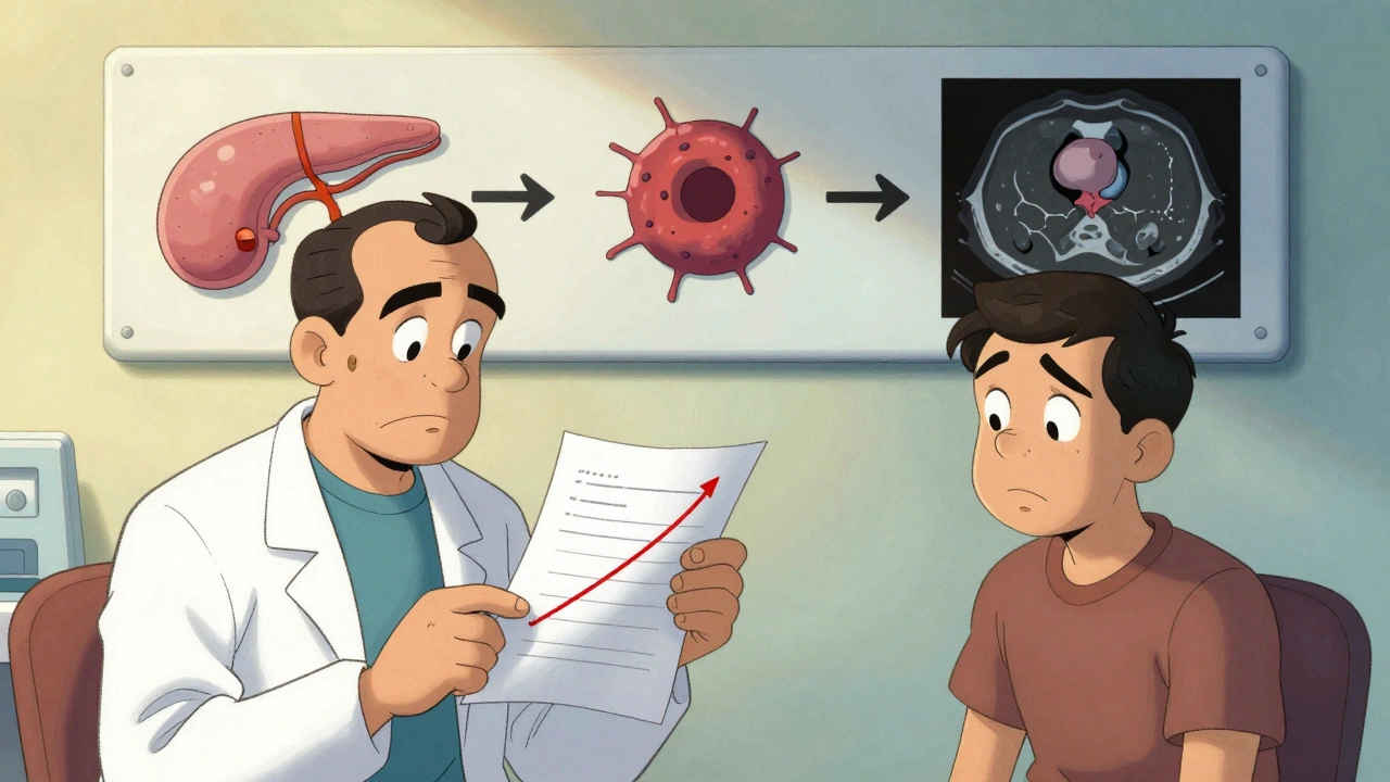 Doctor and patient reviewing blood test showing rising glucose levels with pancreas timeline on wall.