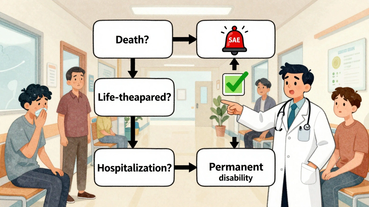 Doctor guiding staff through a clinical decision tree for serious vs non-serious adverse events